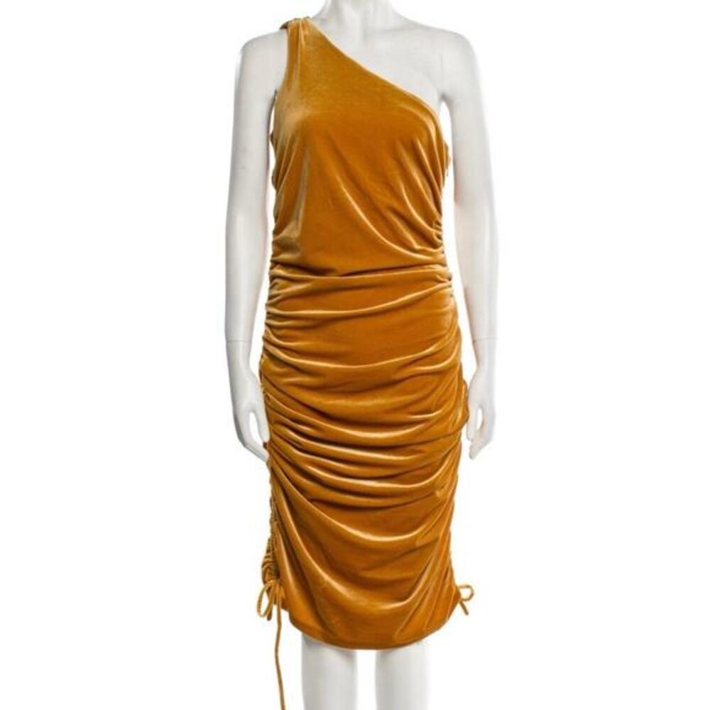 House of Harlow 1960 One-Shoulder Midi Length Dress Silky Velvet Medium Yellow
